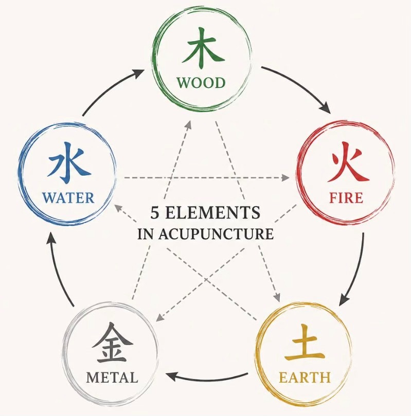 The Five Elements cycle in Acupuncture
