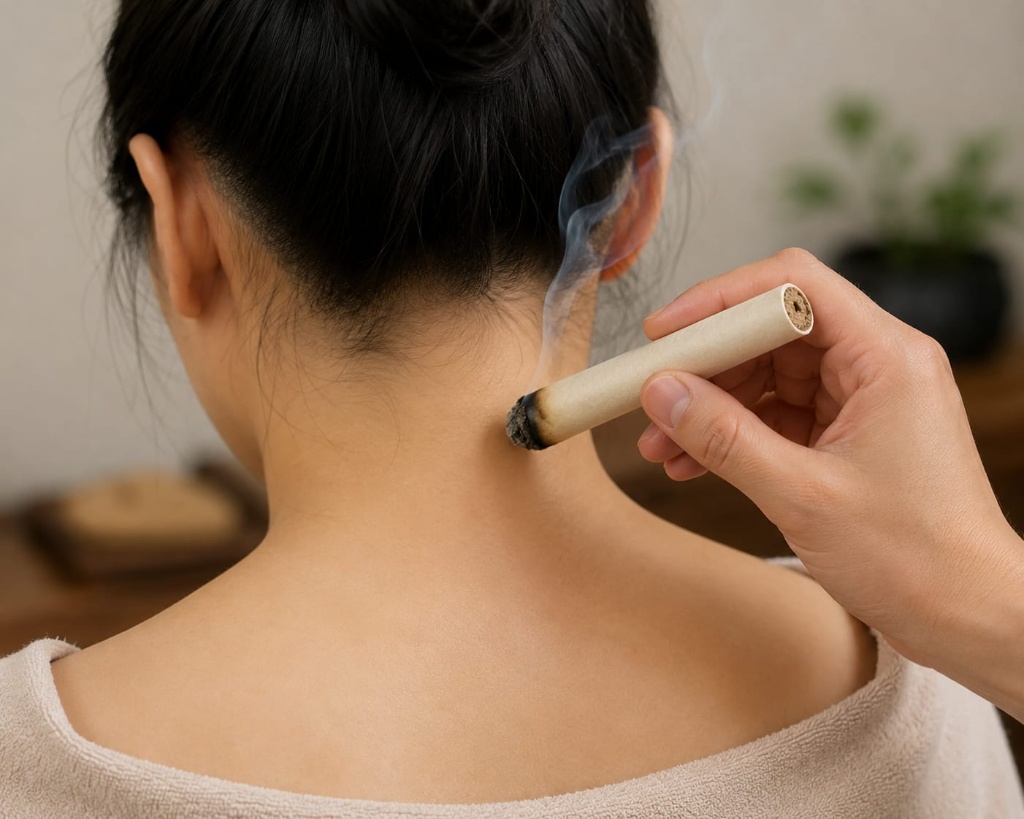 Moxibustion therapy on the neck of a female patient