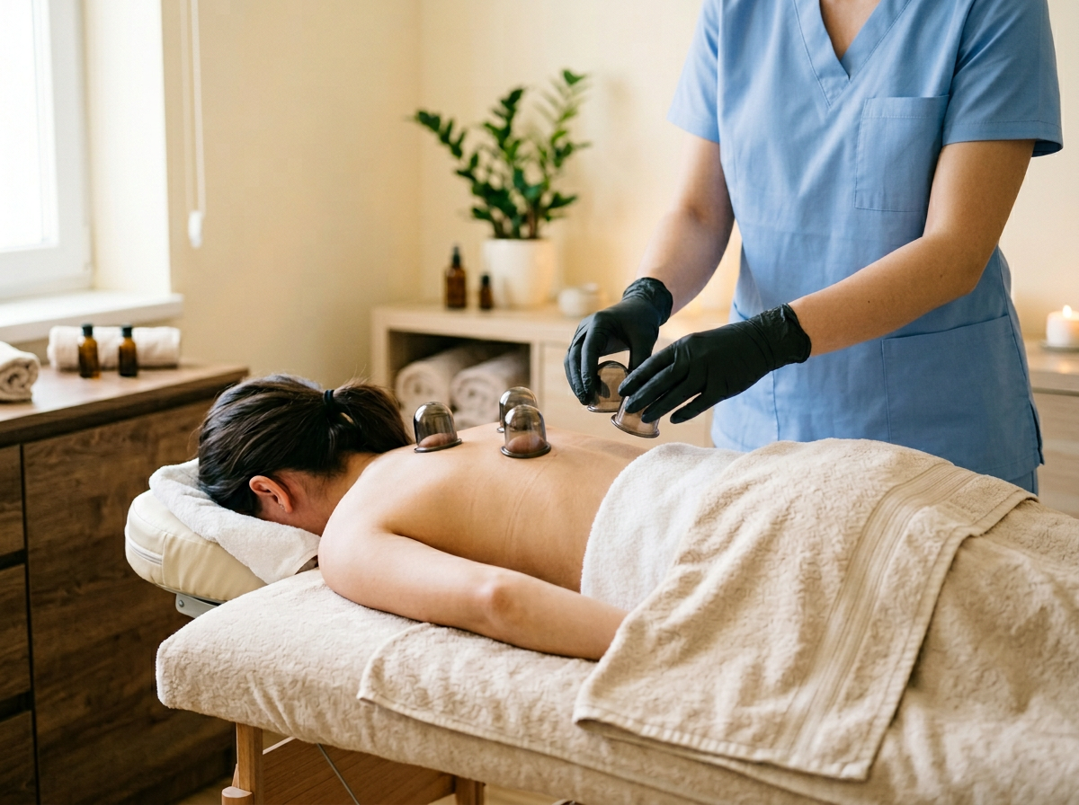 Female practitioner performing Hijama (wet cupping) treatment on a female patient